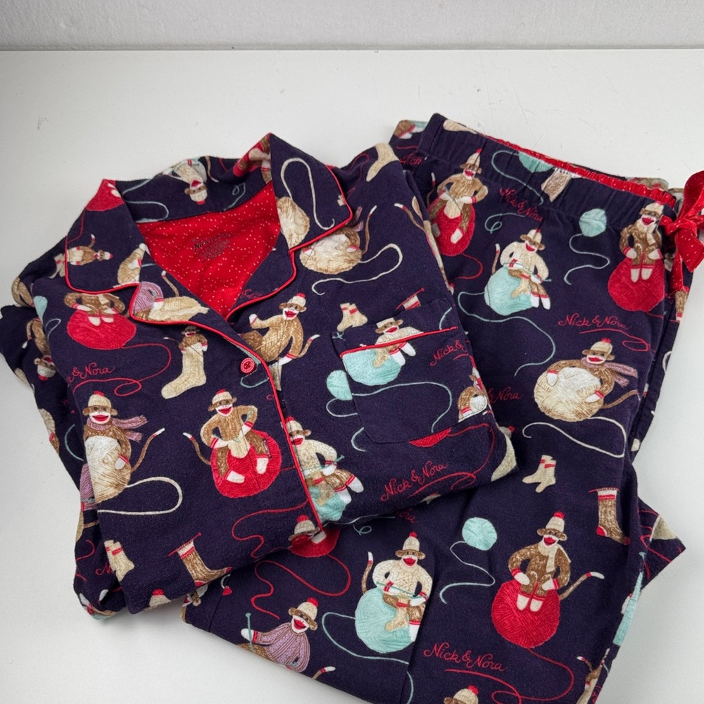 Nick & Nora Flannel Sock Monkey Pajama Sleepwear Set